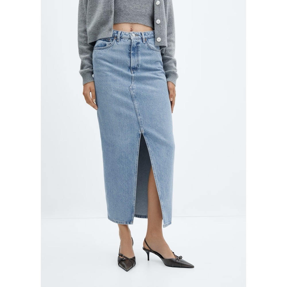 Mango MNG Womens Denim Maxi Skirt Light Wash Blue Front Slit High Waist Size S